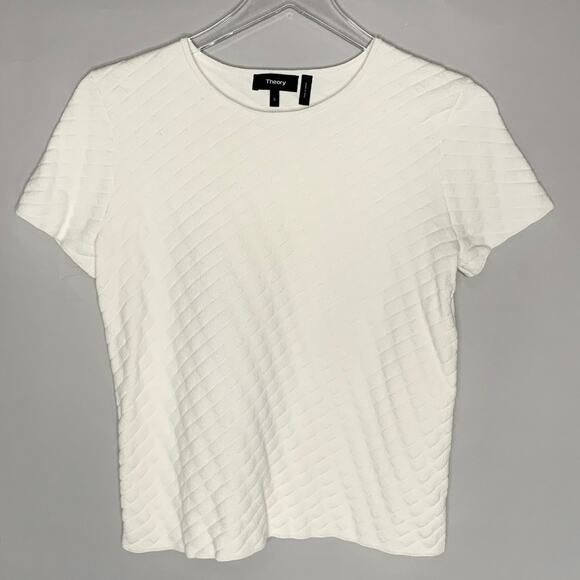Theory Tops - Theory S Womens Cream Ferson Quilted Boxy Top Short Sleeve Round Neck